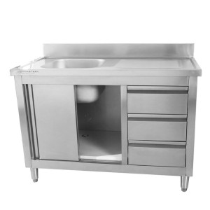 Sink Unit 1 Bowl with Backsplash and 3 Drawers - 1200 x 600 mm - Bowl on the Left - Dynasteel